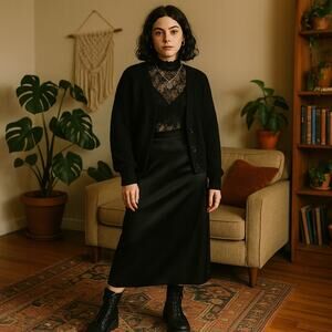 Vintage Black Satin Midi Skirt High Waist Lined Side Slit Women’s XS